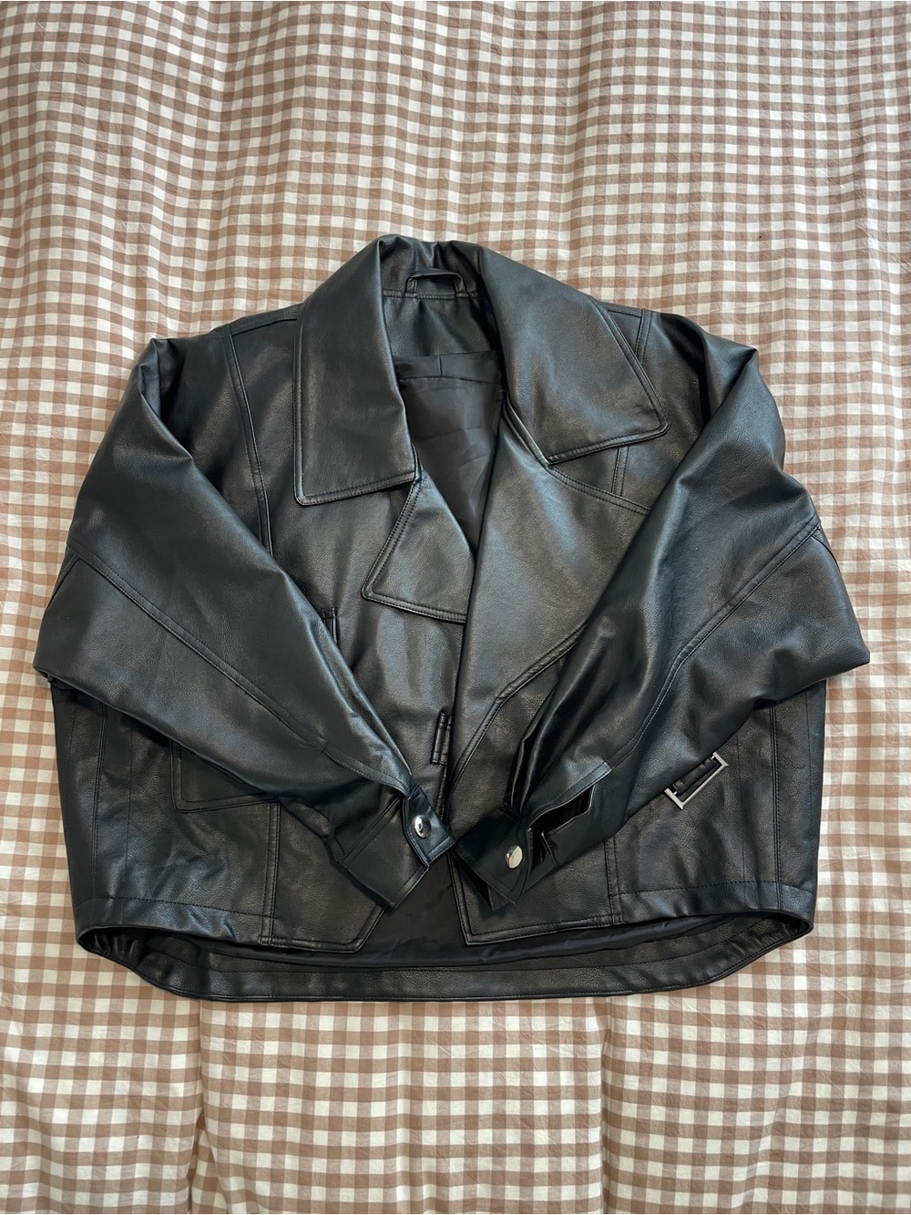 Oversized Black Leather Bomber Jacket